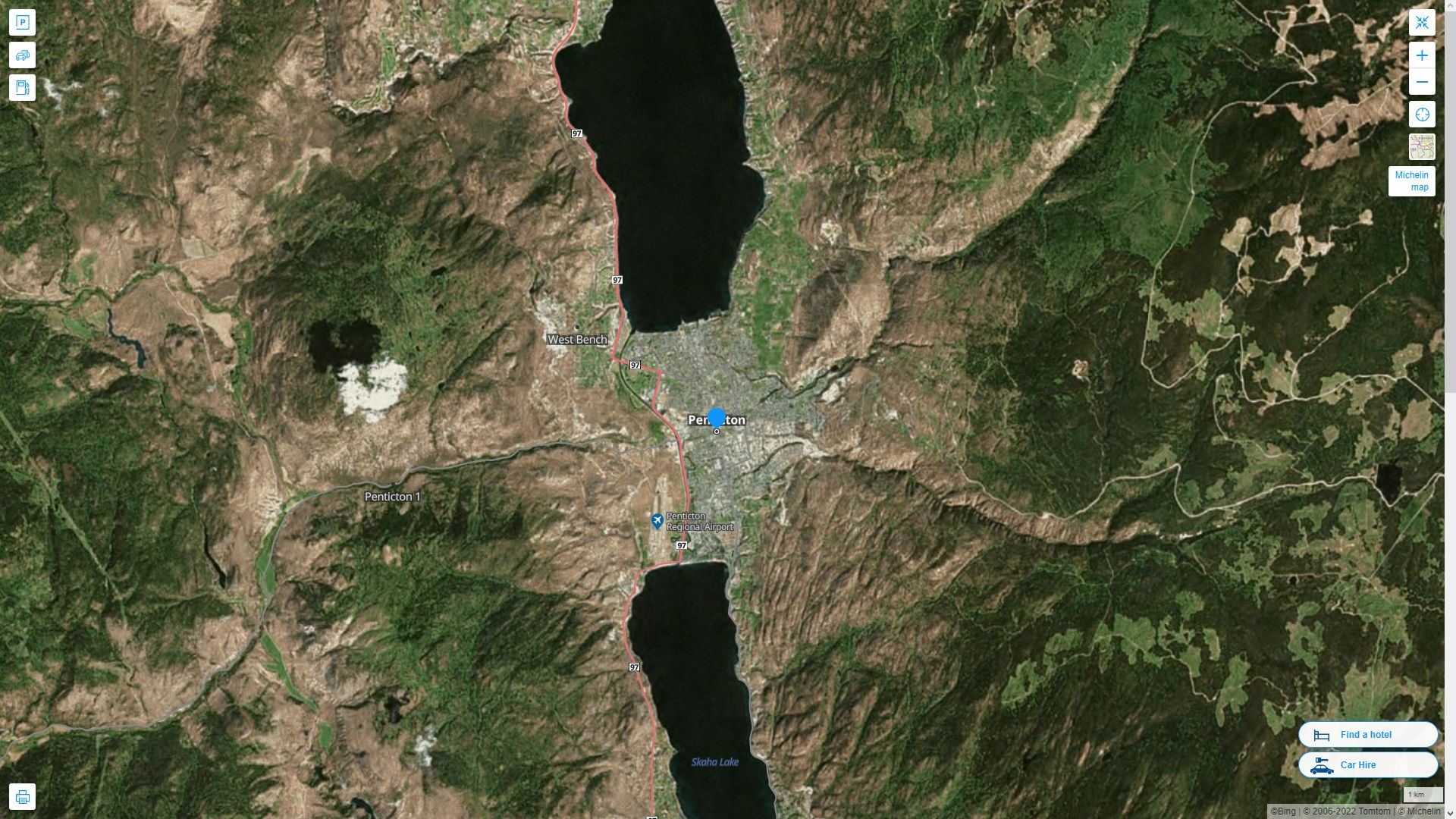 Penticton Canada Autoroute et carte routiere avec vue satellite